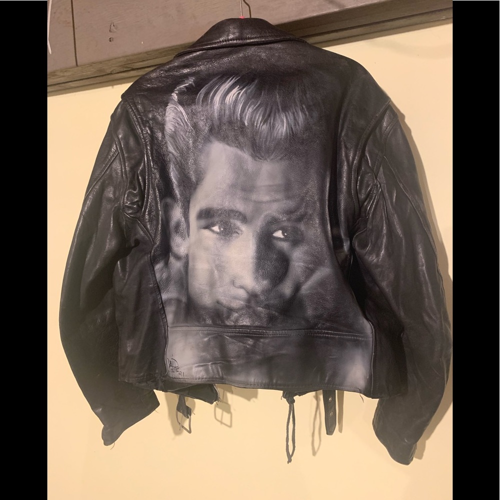1991 Motorcycle Cowhide leather jacket with James Dean portrait by David Greene